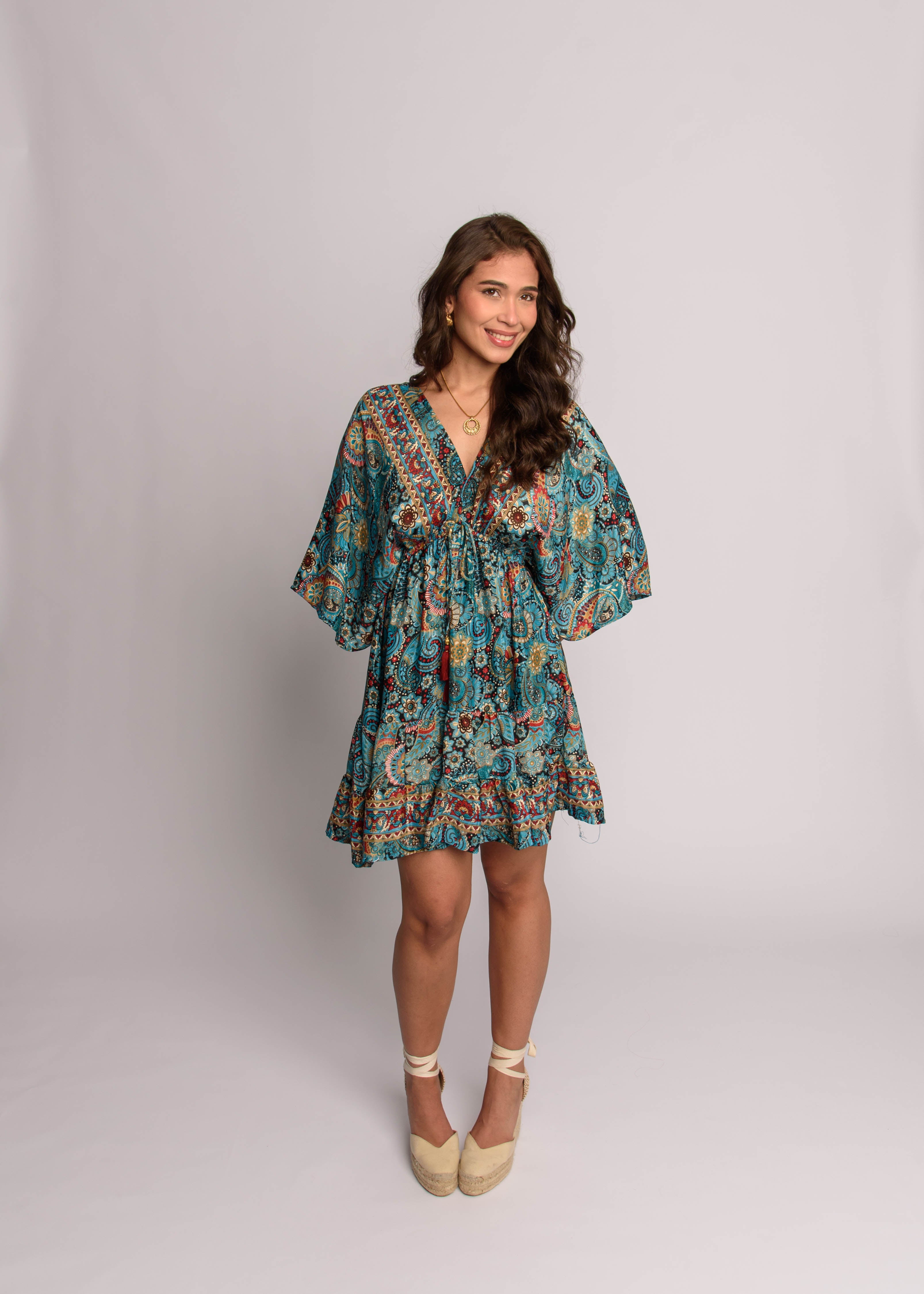 Bell Sleeve Short Dress Blue