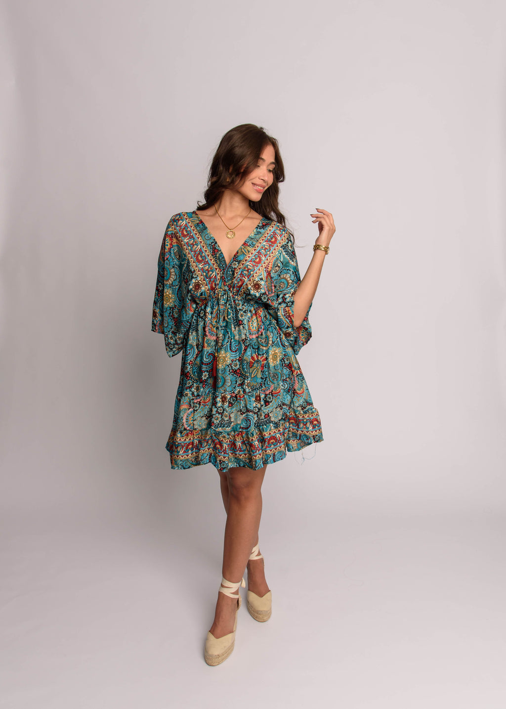 Bell Sleeve Short Dress Blue