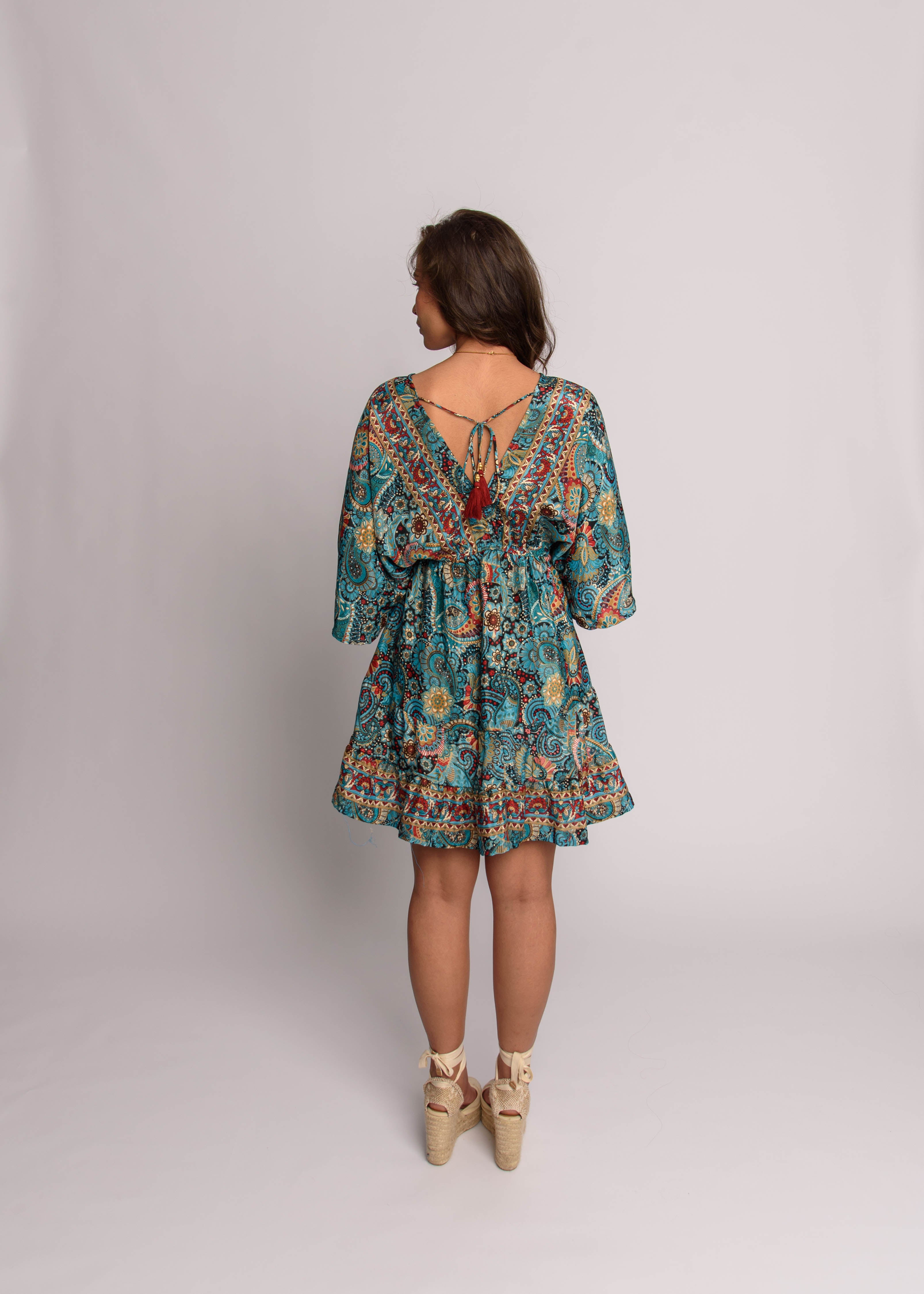 Bell Sleeve Short Dress Blue